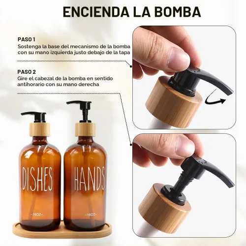 Vista 6 de Dispensador de jabón de vidrio ámbar de 16 onzas con bandeja de bambú, reutilizable para jabón de manos y platos, decoración de granja para cocina