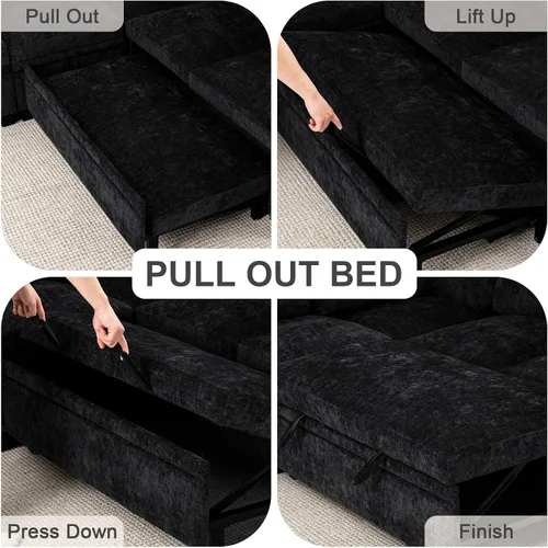 Vista 5 de 85" sofá seccional modular del durmiente, forma de L sacó el sofá cama con Negro