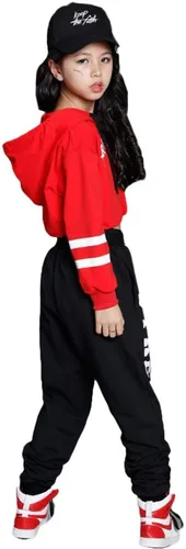 Vista 6 de LOLANTA Conjunto deportivo de 2 piezas con capucha y pantalón deportivo para niñas, estilo hip hop, ropa moderna de baile de jazz, talla 4-16