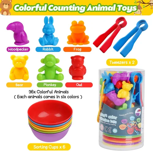 Vista 2 de Juegos de clasificación de animales por color con cuencos de clasificación Montessori sensorial, juguetes educativos tempranos para aprender