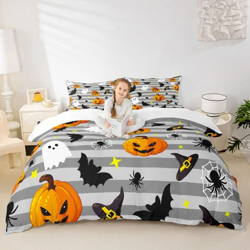 Vista 11 de Juego de funda de edredón de esqueleto, tamaño individual, estampado de flores de esqueleto humano, juego de ropa de cama con temática de Halloween