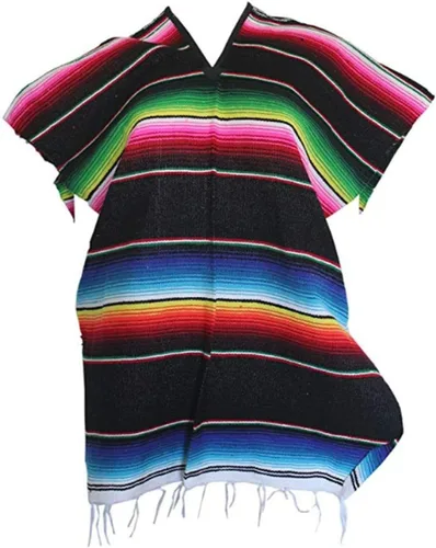 Vista 2 de Del Mex Poncho de Serape Mexicano para Niños y Niñas, Disfraz para Edades 2-14 Negro
