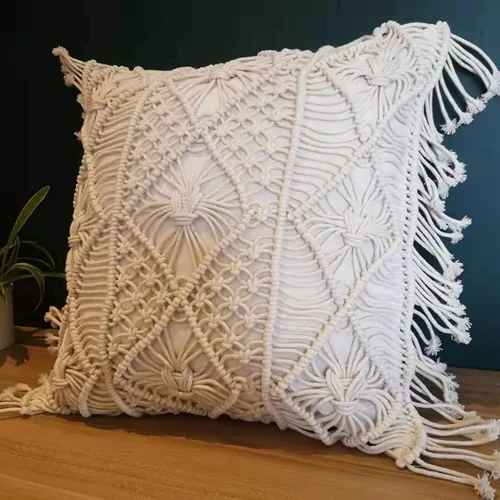 Vista 8 de Juego de 2 fundas de almohada de macramé, 100% algodón, decorativas, con flecos, decoración bohemia para el hogar