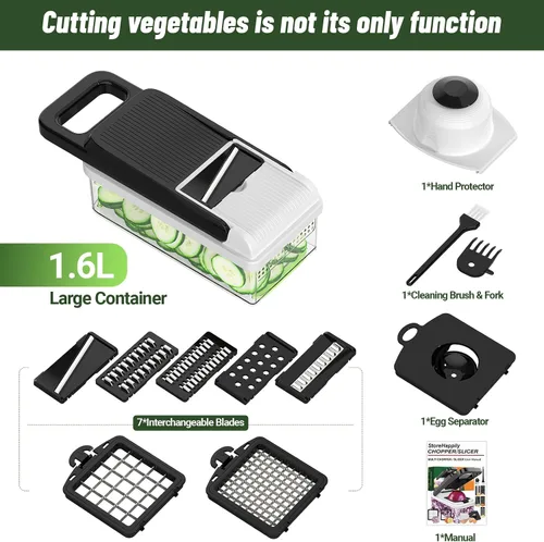 Vista 2 de StoreHappily Picador de Verduras 12 en 1, Picador de Verduras de 7 Cuchillas con Recipiente y Tapa, Cortador en Cubitos, Rebanador, Utensilios