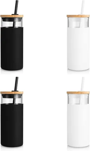Vista 8 de Tronco - Vaso de vidrio de 20 onzas con tapa de bambú y pajilla, botella de vidrio con funda protectora de silicona, vaso reutilizable para licuado