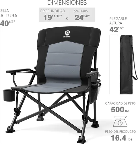 Vista 8 de EVER ADVANCED Oversized Folding Camping Chair for Adults with Adjustable Lumbar Support, Heavy Duty Chair with Side Pockets, Portable Collapsible