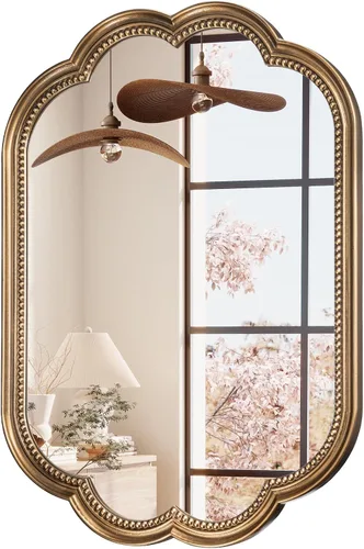 Vista 8 de Espejo de pared festoneado, espejo ovalado dorado de 22 x 30 pulgadas, marco decorativo de cuentas doradas, espejos dorados antiguos de flores
