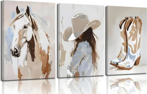 Vista 14 de 2 piezas de arte de pared enmarcado de vaquera occidental con sombrero chica vaquera y caballo, impresión en lienzo, póster, pintura al óleo