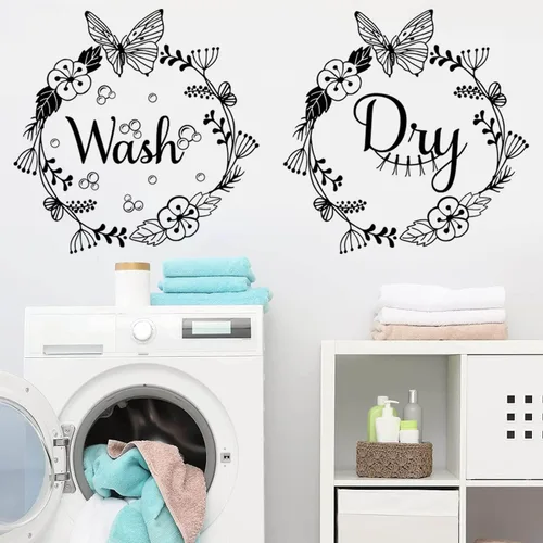 Vista 7 de Calcomanías de pared para cuarto de lavado, calcomanías de vinilo de burbujas secas con texto en inglés «Today Naked Tomorrow»