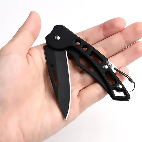 Vista 5 de Cuchillo de bolsillo, cuchillo de bolsillo con cadena, hoja de solo 2.5 pulgadas. Cuchillo EDC para camping, senderismo, pesca para hombres y Negro