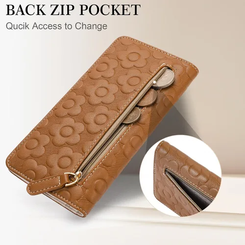 Vista 2 de Cartera delgada ultradelgada para mujer 3D de cuero con estampado de flores en relieve para mujer, cartera con bloqueo RFID, tarjetero plegable