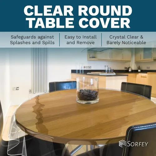 Vista 3 de Mantel de plástico para mesa, protector de mantel de plástico transparente, con borde, 60 pulgadas, redondo, impermeable y resistente al aceite