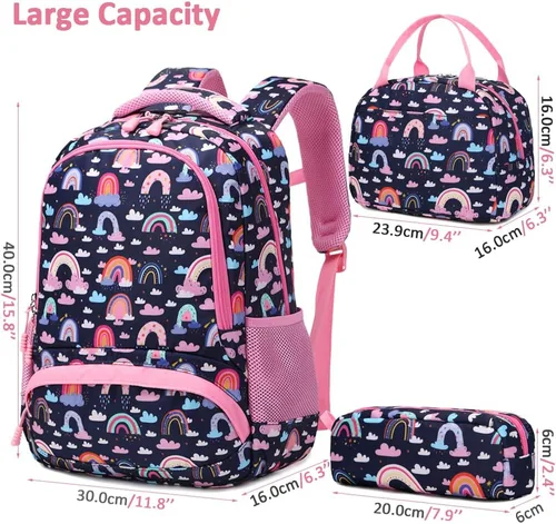 Vista 46 de Juego de mochila para niñas y adolescentes, mochila escolar para niños con bolsa para el almuerzo, estuche para lápices, mochilas escolares