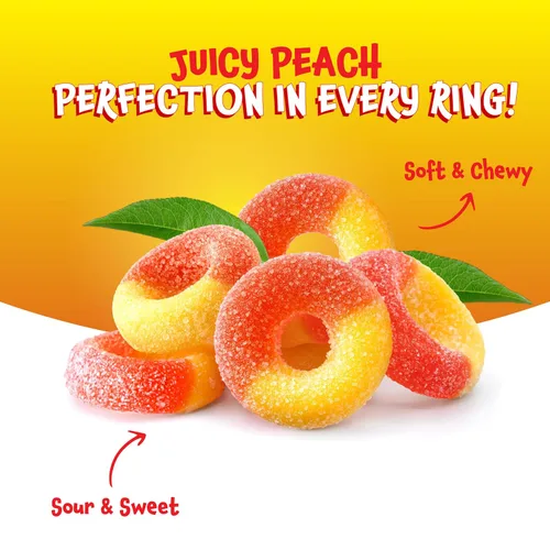 Vista 5 de Peach Rings – Bolsa de 2 libras – Gomitas de durazno – Dulces agridulces para oficina, aperitivos, decoración de postres y bolsas de golosinas