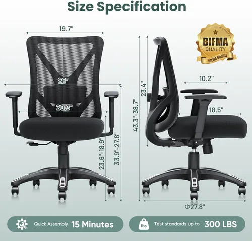 Vista 3 de Silla de oficina ergonómica, sillas de escritorio de malla para computadora con soporte lumbar ajustable, reposabrazos 3D, función de inclinación