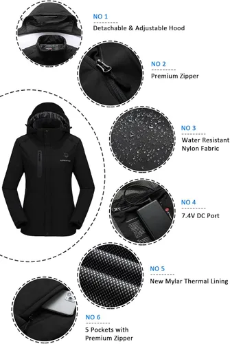 Vista 5 de Venustas - Chaqueta térmica para mujer con batería de 7.4 V, resistente al viento, eléctrica, aislada, con capucha desmontable, ajuste delgado