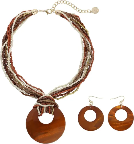 Vista 12 de Coiris Collar de varias vueltas con cuentas coloridas y gran colgante de concha circular para mujer Negro