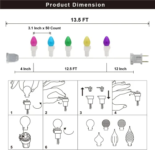 Vista 7 de Guirnalda de luces LED multicolor de cristal C3, 50 unidades, luz pastel de Pascua, 120 V, certificación UL, conectable, para exteriores, cable