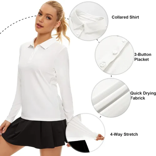 Vista 2 de Camisa polo de golf de manga larga para mujer, con protección solar UPF50+, absorbe la humedad, secado rápido