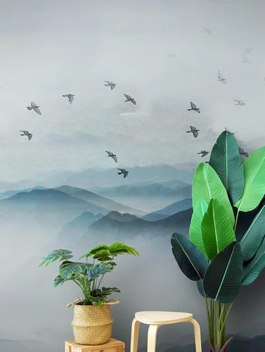 Vista 4 de Papel tapiz para guardería. Papel tapiz de pájaros que vuelan sobre la montaña. Papel tapiz removible, pintura de acuarela de vista de montaña.