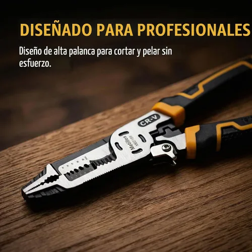 Vista 6 de Herramienta pelacables 8 en 1, alicates de electricista multifunción CR-V de 9 pulgadas, ideal para pelar, cortar, engarzar y sujetar cables. Agarre