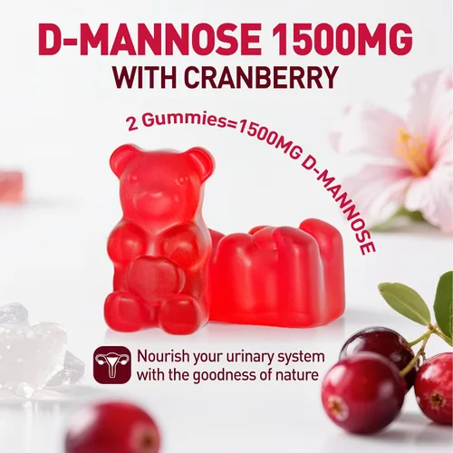 Vista 4 de D Manosa con gomitas de arándano, suplementos de D-manosa de 1500 mg para mujeres, con hibisco para la salud del tracto urinario, vejiga, soporte