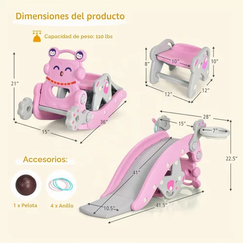 Vista 9 de GLACER Juguete mecedor 6 en 1 para niños pequeños, tobogán para niños con Pingüino rosa