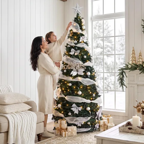 Vista 3 de Árbol de Navidad preiluminado de 6.4 pies con 200 luces LED y 8 modos de Árbol de Navidad artificial con 200 luces LED blancas cálidas, árbol