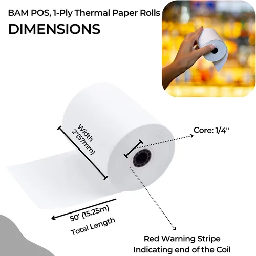Vista 3 de BAM POS Papel térmico de 1 capa, 2-1/4 x 50 pies, compatible con Ingenico ICT 200/220/250, Verifone VX 520, Hypercom, Nurit Machines, sin BPA