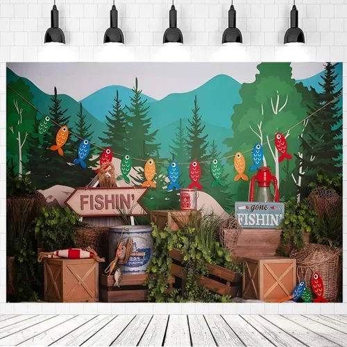 Vista 4 de Fondo de fotografía de pesca con plantas verdes bosque, para niños, fiesta de cumpleaños, pastel, retrato para baby shower, fiesta, accesorios