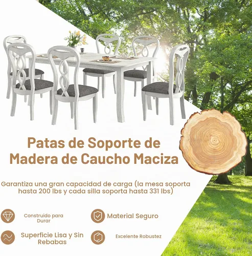 Vista 5 de VECELO Juego de mesa de comedor de madera maciza de 7 piezas con 6 sillas tapizadas, diseño moderno de fácil montaje para cocina y espacios