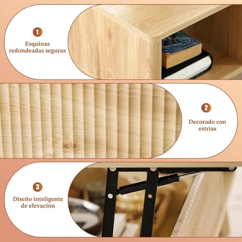 Vista 5 de LYNCOHOME Mesa de Centro con Tapa Elevable Acanalada con Almacenamiento, Mesa de Centro Moderna para Sala de Estar, Oficina en Casa (Natural)