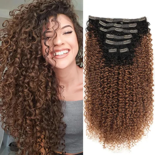 Vista 15 de Extensiones de cabello sintético con clip, extensiones de cabello sintético negro y rubio miel, extensiones de cabello rizado Jerry para mujeres