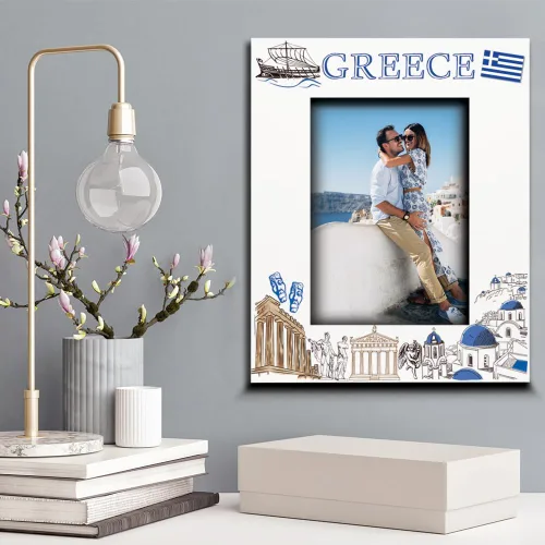Vista 3 de ELLA BUSTA - Marco de fotos Grecia para boda, compromiso, luna de miel, vacaciones en Grecia, símbolos de diseño con estampado UV (vertical de 5 x 7)