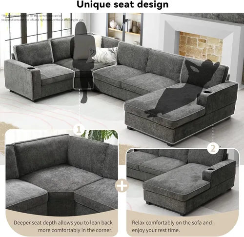 Vista 90 de Moderno sofá modular en forma de U con almohadas para la cintura, sofá cama con diván, sofá tapizado simétrico de felpilla de 6 asientos para sala