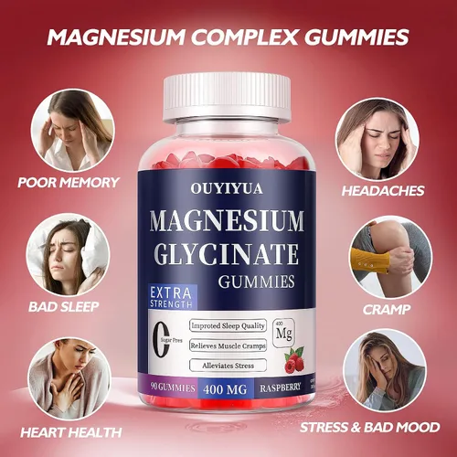 Vista 5 de Glicinato de magnesio 400 mg Gomitas, gomitas de magnesio sin azúcar con vitaminas D, B6 para apoyo al sueño, alivio del estrés y músculos