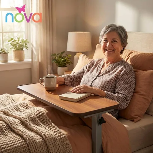 Vista 3 de NOVA Mesa para colocar sobre la cama con ruedas giratorias de bloqueo, altura ajustable, parte superior de grano de madera de nogal, base de acero
