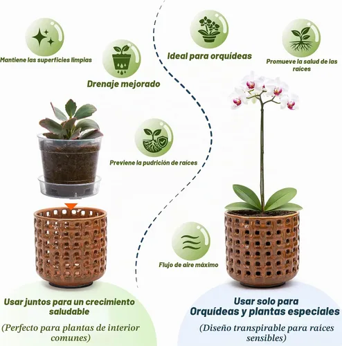 Vista 2 de D'vine Dev Maceta de cerámica para orquídeas de 4.5 pulgadas con diseño de recorte de celosía, maceta esmaltada con maceta transparente y platillo