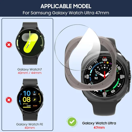 Vista 2 de Suoman 5+5 Pack para Samsung Galaxy Watch 7/8 Ultra 47mm (2024/2025) Estuche, Protector de pantalla de vidrio templado 9H + Funda protectora de PC