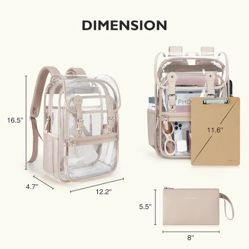 Vista 6 de mommore Mochila transparente resistente de PVC grueso con bolsa para lápices, 2 compartimentos, mochila transparente