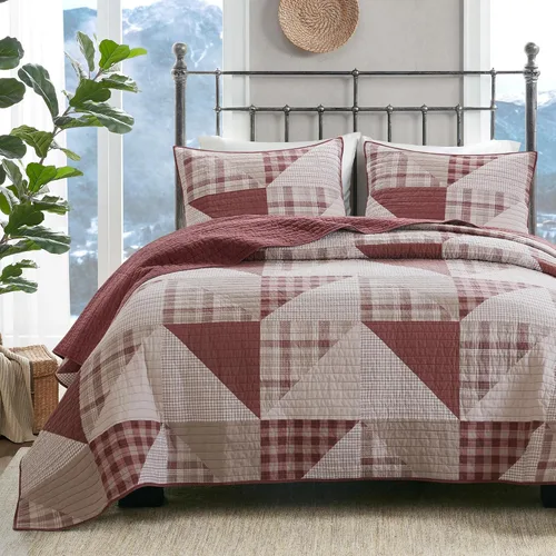 Vista 15 de Woolrich - Juego de edredón reversible de algodón, estilo cabaña invertido a color sólido, colcha ligera de retazos para todas las estaciones