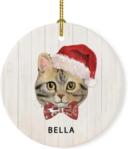 Vista 9 de Andaz Press Adorno redondo personalizado de cerámica para árbol de Navidad, abisinio, corona de acebo, sombrero de Papá Noel, con gráfico de gato