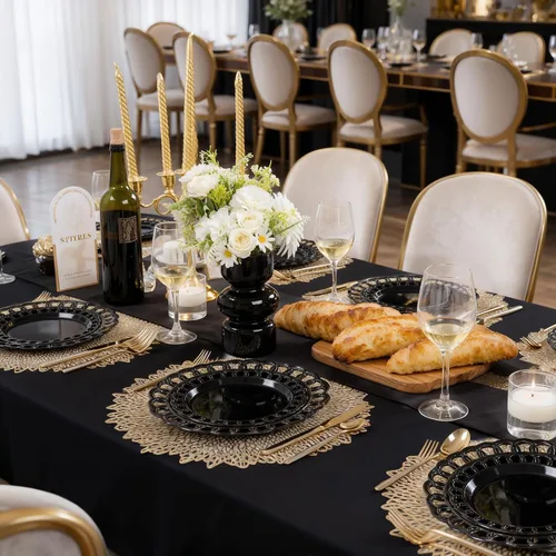 Vista 7 de COLOSUS Juego de 60 platos de plástico negro, platos barrocos elegantes, elegantes platos desechables con borde de encaje, platos de plástico