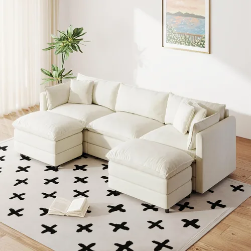 Vista 45 de Setawix Sofá Profundo de 3 Plazas con Otomana, Sofás de Nube en Forma de L de 112.2" para Sala de Estar, Sofá de Nube de Chenilla con Asiento Café