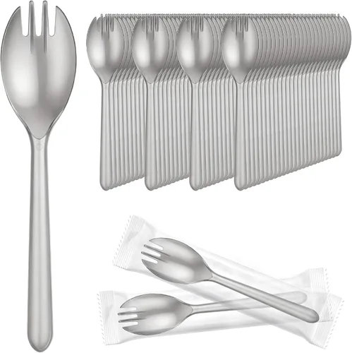Vista 7 de EUSOAR Tenedores y cucharas desechables a granel, 50 piezas de plástico de 5.5 x 1.2 pulgadas, cucharas de tenedor de servicio de cubiertos