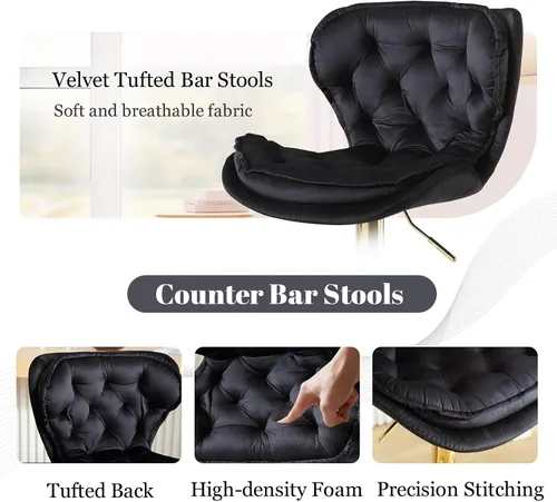 Vista 5 de Taburetes de bar de terciopelo, modernos taburetes giratorios de altura ajustable, sillas de mostrador de 360 grados con respaldo y base de metal