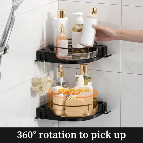 Vista 5 de Oifecsie Organizador de ducha de esquina giratorio de 360° (paquete de 2) - Lazy Susan Organizador de baño con ganchos, soporte adhesivo sin