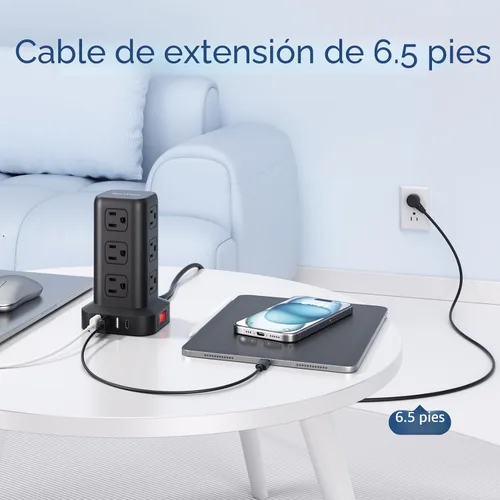 Vista 3 de AnnTane Protector de Sobretensión Regleta de Alimentación con Cable de 6.5 Pies, Regleta de Alimentación de Torre con 4 Puertos USB (1 USB C), Cable