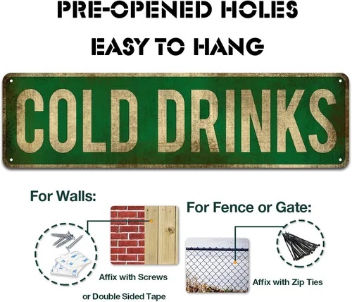 Vista 3 de KooLL Letrero de aluminio con texto en inglés "Cold Drinks", letrero de metal divertido para decoración de pared para dormitorio, hogar, bar