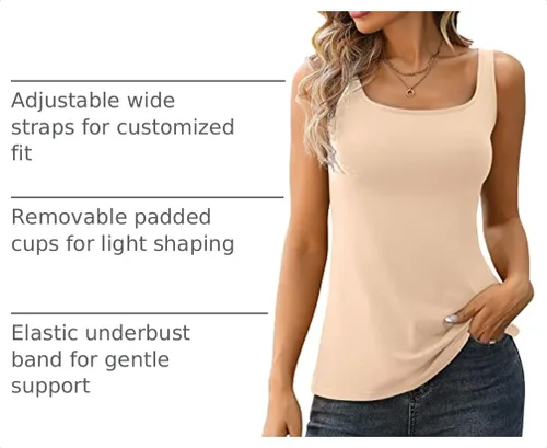 Vista 4 de V FOR CITY Camiseta sin mangas para mujer con brasier acolchado integrado, ajustable, tirantes anchos, camisola de algodón Adjustable Straps Cami